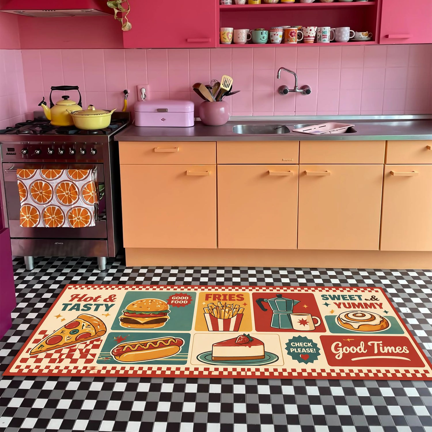 Retro Diner Mutfak Halısı – Fast Food Desenli Renkli Halı
