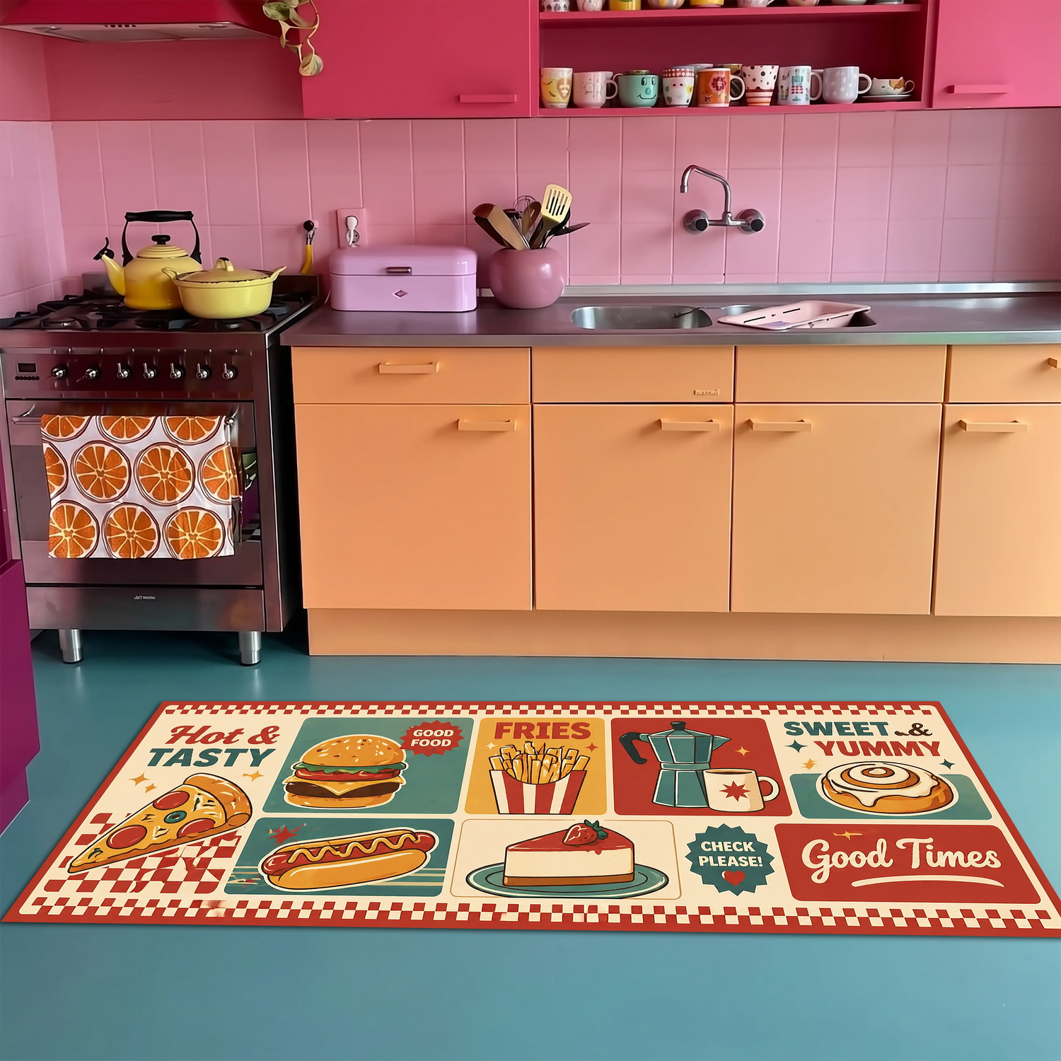 Retro Diner Mutfak Halısı – Fast Food Desenli Renkli Halı