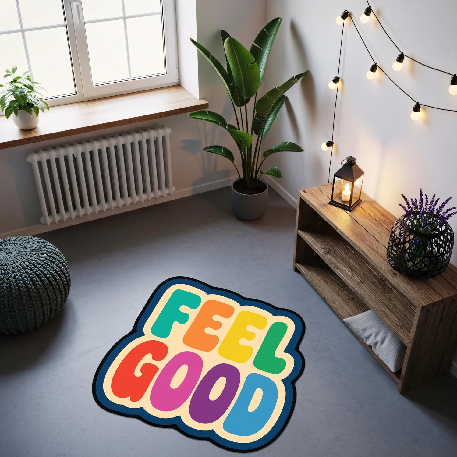 FabricUp renkli tipografi halı, “Feel Good” yazılı pozitif slogan tasarımı, pop art stil, retro renk paleti, kalın yuvarlak font, modern genç odası ve urban dekorasyon için motive edici mesaj içeren grafik desenli statement zemin halısı.
