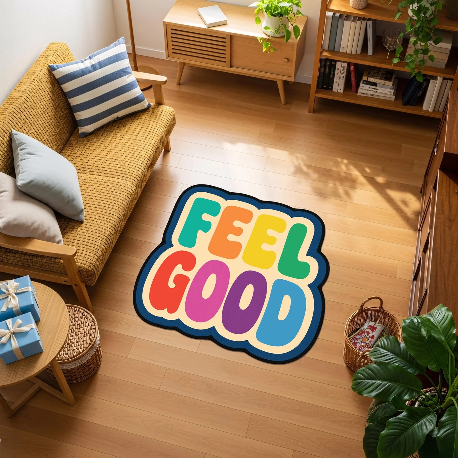 FabricUp renkli tipografi halı, “Feel Good” yazılı pozitif slogan tasarımı, pop art stil, retro renk paleti, kalın yuvarlak font, modern genç odası ve urban dekorasyon için motive edici mesaj içeren grafik desenli statement zemin halısı.
