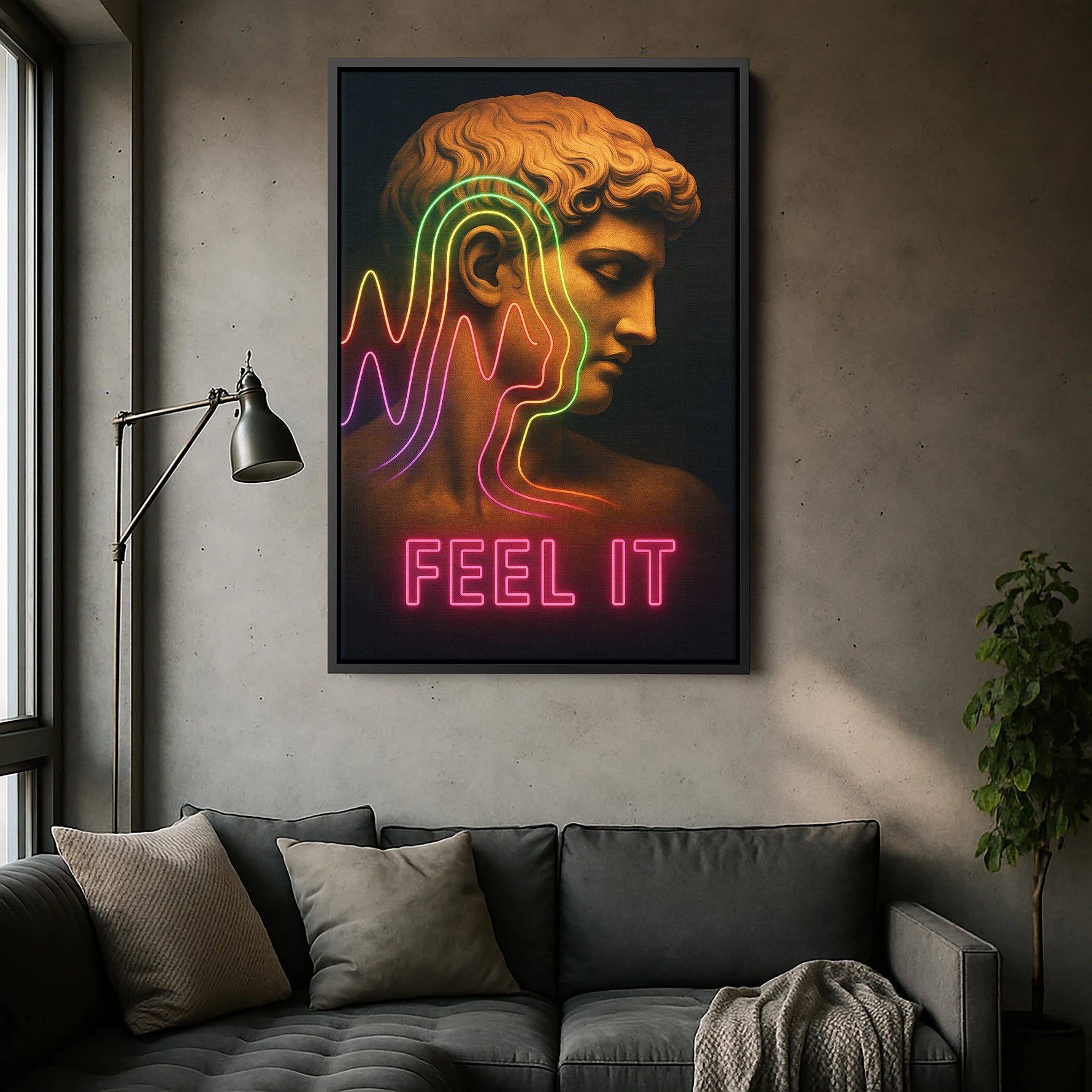 Siyah çerçeveli kanvas tablo, koyu arka plan üzerinde neon ışık efektleri ve klasik portre kombinasyonuyla güçlü kontrast yaratan dekoratif duvar dekoru tasarımıdır. FabricUp dijital baskı teknolojisi sayesinde yüksek çözünürlüklü, net ve canlı renklerde modern görünüm sağlar.