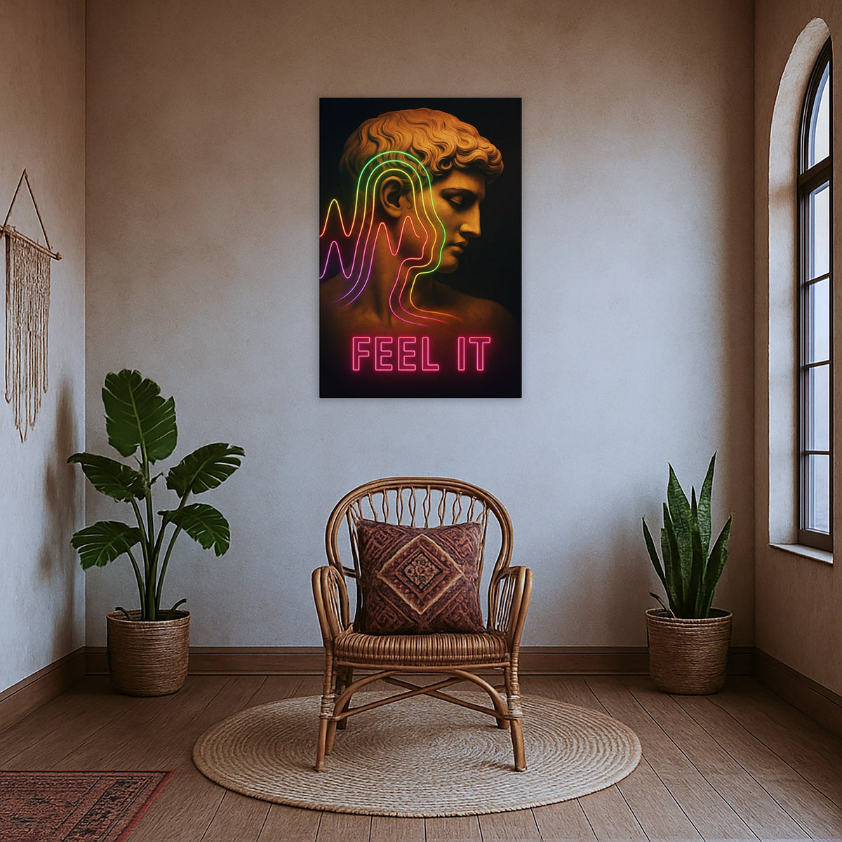 Çerçevesiz modern kanvas tablo, neon dalga çizgileri, tipografik FEEL IT yazısı ve heykel portresiyle tasarlanmış trend bir duvar dekoru modelidir. FabricUp dijital baskı ile üretilen yüksek çözünürlüklü yüzey, dayanıklı, net ve şık görünüm sunarak mekâna karakter kazandırır.