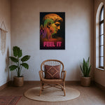 Çerçevesiz modern kanvas tablo, neon dalga çizgileri, tipografik FEEL IT yazısı ve heykel portresiyle tasarlanmış trend bir duvar dekoru modelidir. FabricUp dijital baskı ile üretilen yüksek çözünürlüklü yüzey, dayanıklı, net ve şık görünüm sunarak mekâna karakter kazandırır.