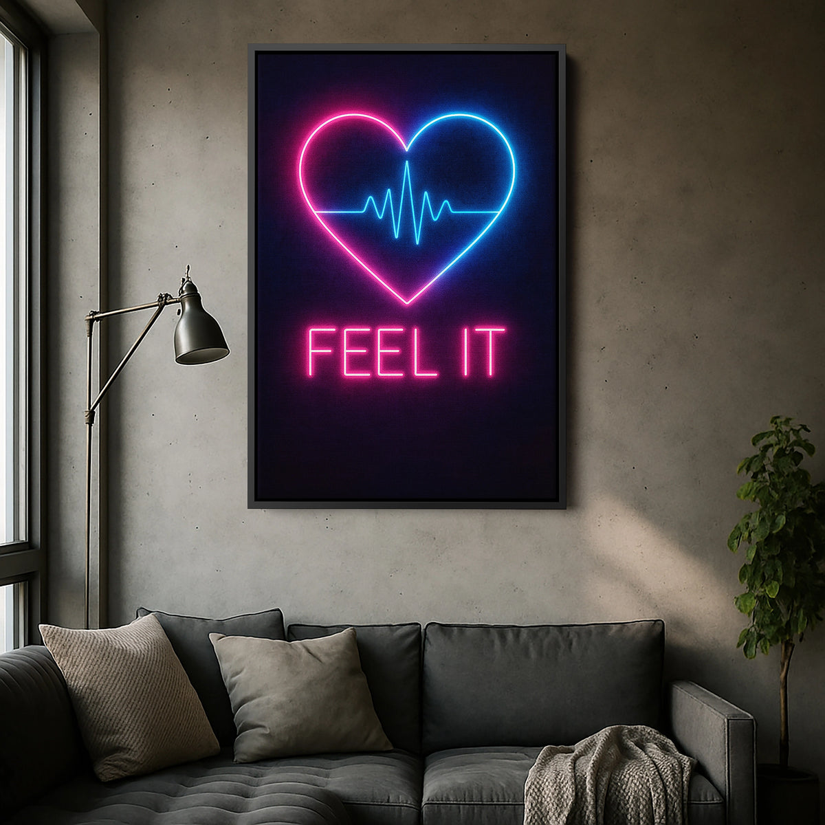 Siyah çerçeveli kanvas tablo, koyu arka plan üzerinde mavi ve pembe neon kalp ışıklarıyla güçlü kontrast yaratan dekoratif duvar dekoru tasarımıdır. FabricUp dijital baskı teknolojisi sayesinde yüksek çözünürlüklü, net ve canlı renklerde modern kanvas tablo görünümü sağlar.
