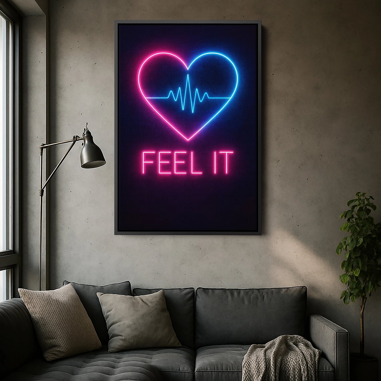 Siyah çerçeveli kanvas tablo, koyu arka plan üzerinde mavi ve pembe neon kalp ışıklarıyla güçlü kontrast yaratan dekoratif duvar dekoru tasarımıdır. FabricUp dijital baskı teknolojisi sayesinde yüksek çözünürlüklü, net ve canlı renklerde modern kanvas tablo görünümü sağlar.