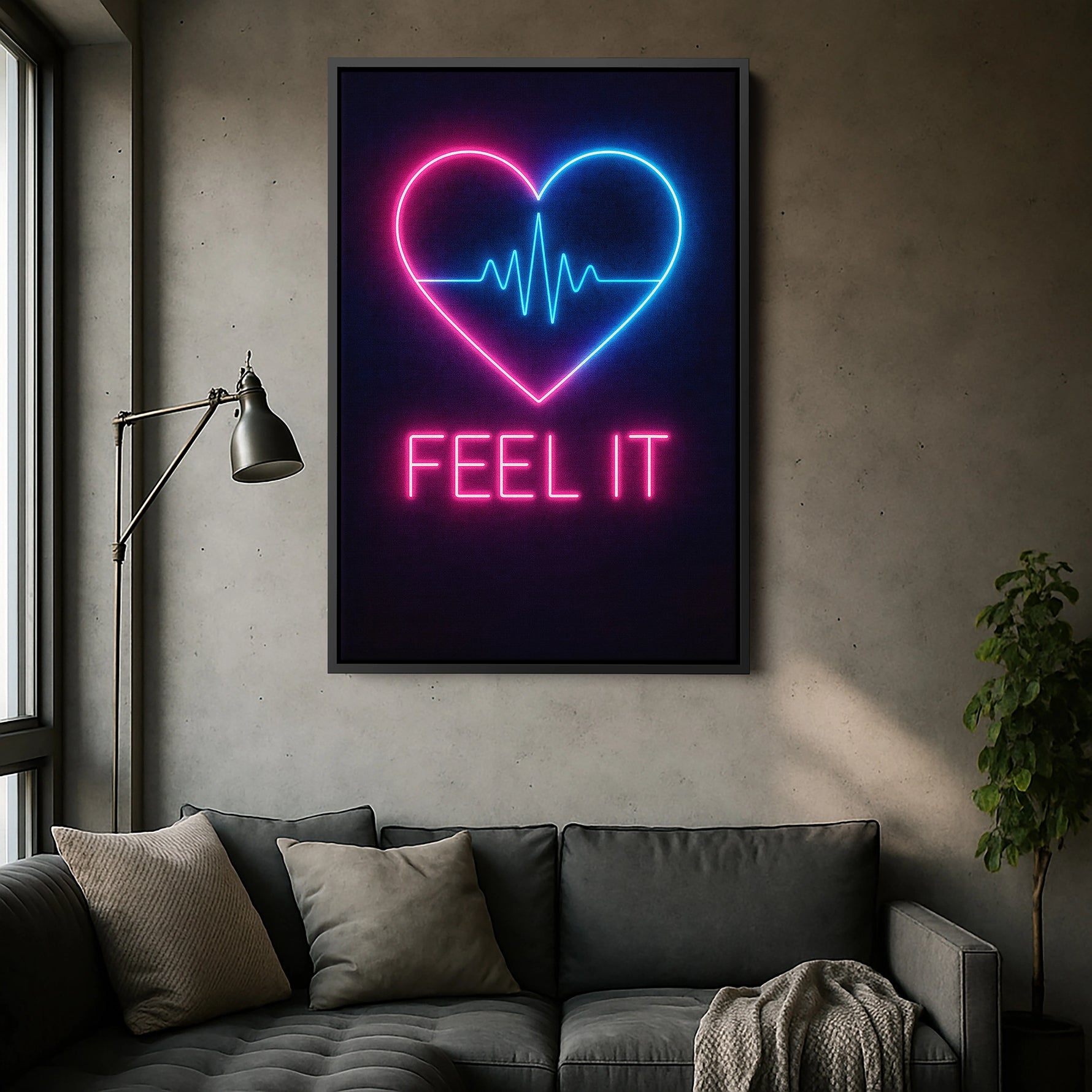 Siyah çerçeveli kanvas tablo, koyu arka plan üzerinde mavi ve pembe neon kalp ışıklarıyla güçlü kontrast yaratan dekoratif duvar dekoru tasarımıdır. FabricUp dijital baskı teknolojisi sayesinde yüksek çözünürlüklü, net ve canlı renklerde modern kanvas tablo görünümü sağlar.