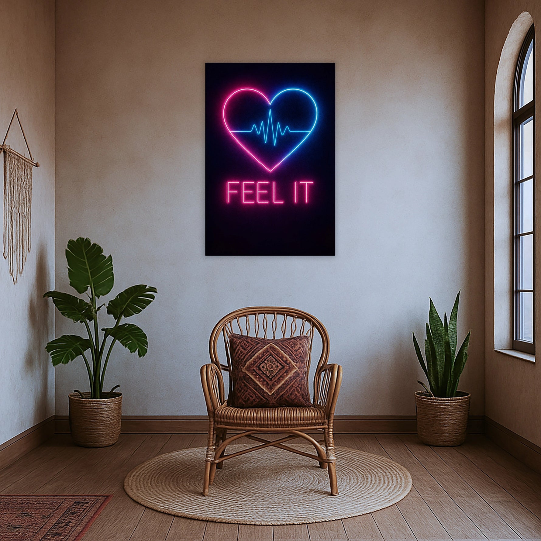 Çerçevesiz modern kanvas tablo, kalp atışı grafiği ve neon ışık efektleriyle tasarlanmış çağdaş ve dinamik bir duvar dekoru modelidir. FabricUp dijital baskı ile üretilen yüksek çözünürlüklü yüzey, dayanıklı, net ve şık görünüm sunarak mekâna enerji katar.