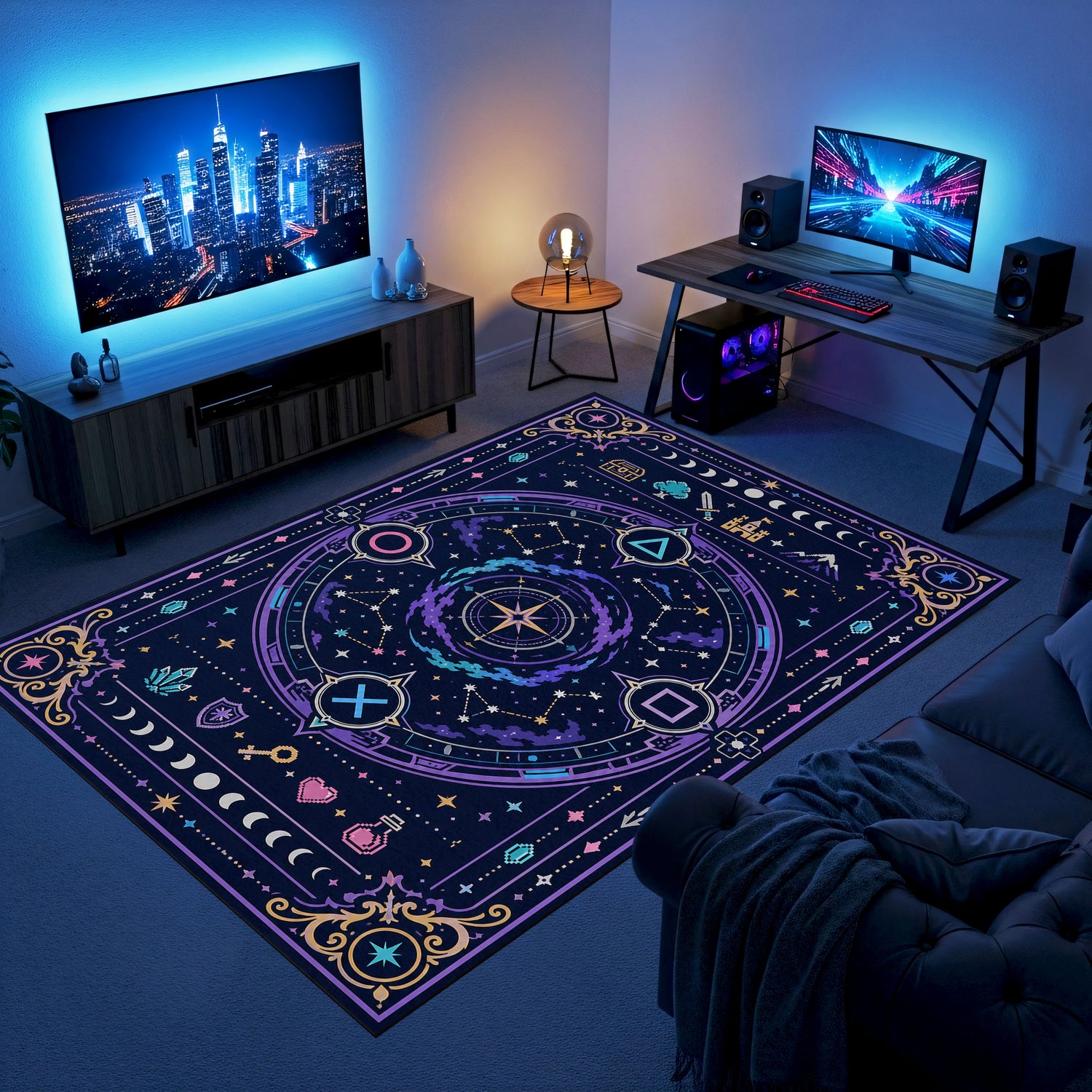 Galaksi Pusula Gaming Halısı | Ay Evreleri Takımyıldızı Mor Zemin