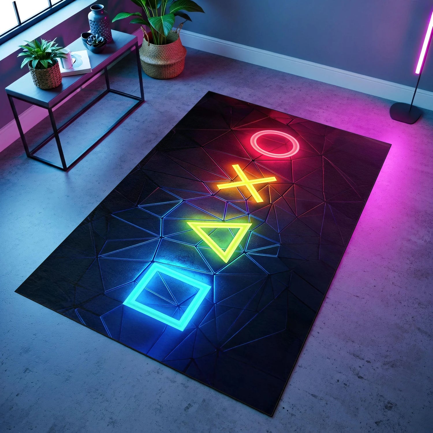 Karanlık arka plan üzerinde parlak neon çizgilerle oluşturulmuş daire, çarpı, üçgen ve kare ikonlarıyla tasarlanan futuristik halı; cyberpunk renk paleti, keskin konturlar ve simetrik grafik yüzey düzeni.
