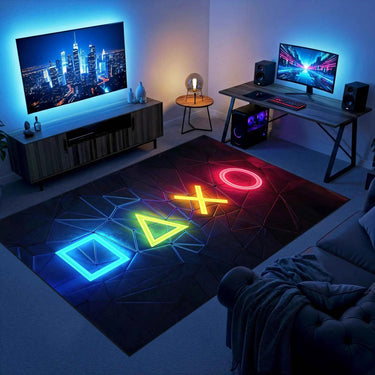 Gamer Odası Geometrik Neon Oyun Sembollü Siyah Halı