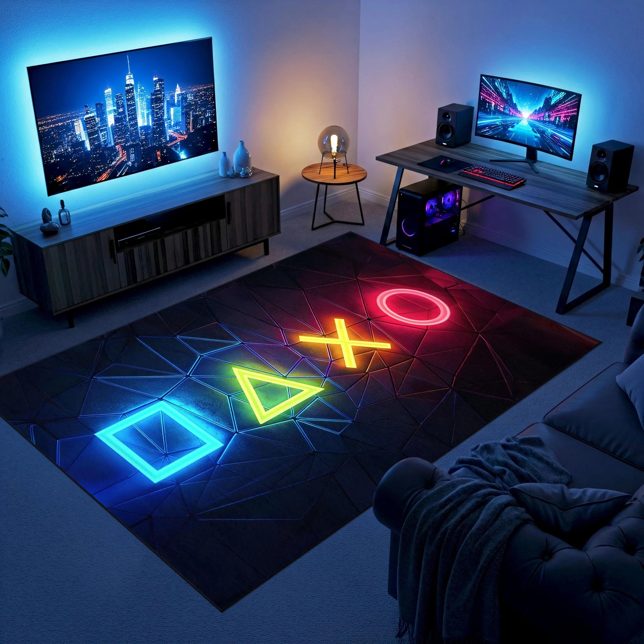 Siyah taş dokulu zemin üzerinde neon pembe daire, mavi çarpı, sarı üçgen ve turkuaz kare sembollerinden oluşan modern gamer temalı halı; yüksek kontrastlı ışık efektleri, geometrik kompozisyon ve dijital sanat stili.
