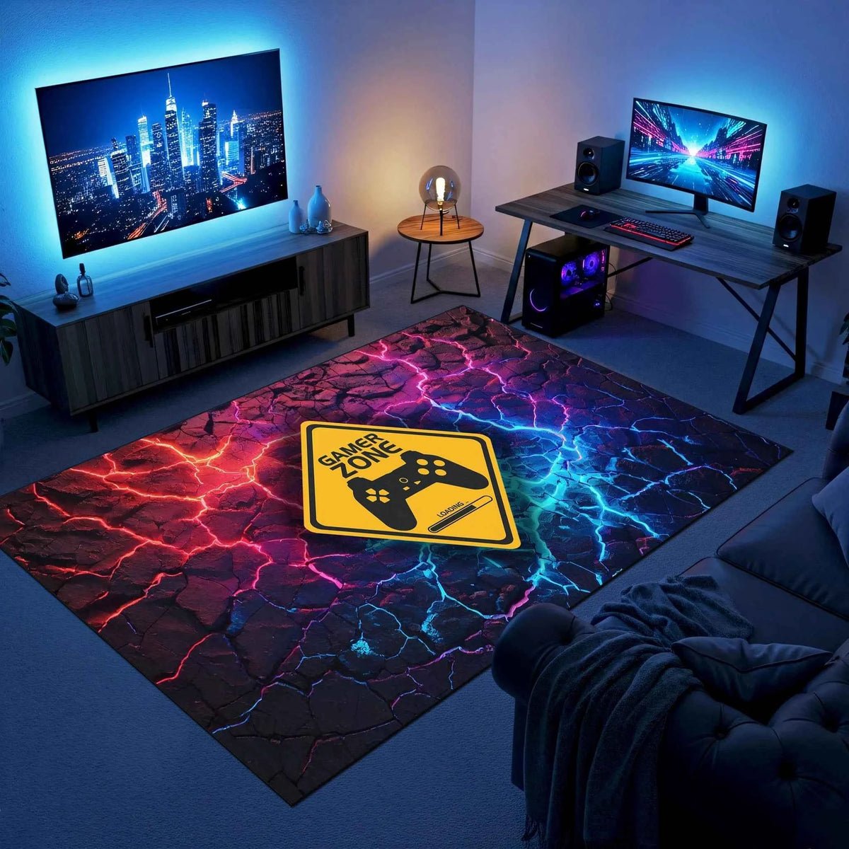 Gamer Zone Sarı Tabela Desenli Çatlak Zemin Halı