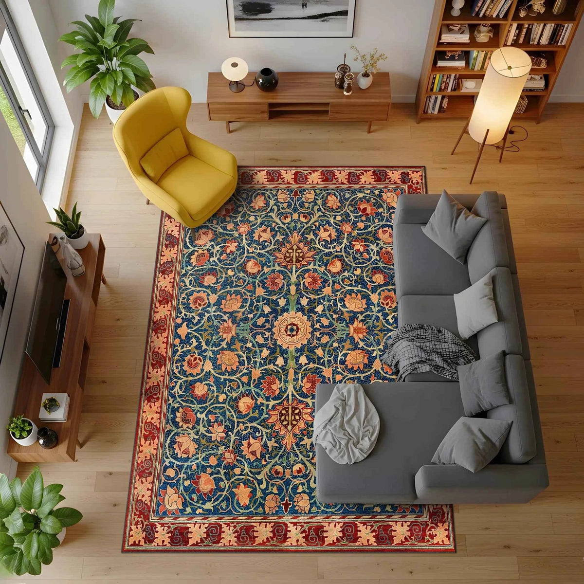 Lacivert Zeminli Turuncu Çiçek Desenli Klasik Salon Halısı