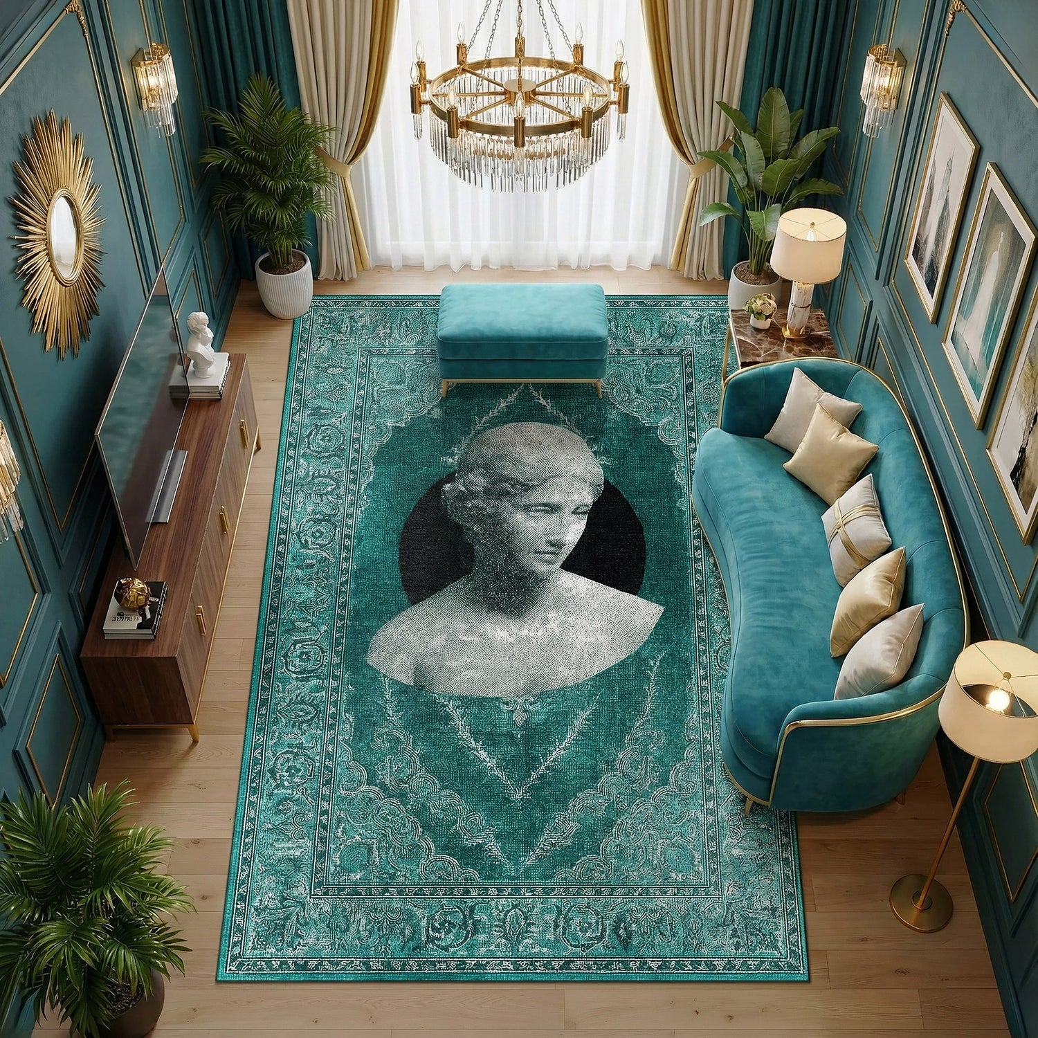 Turkuaz zemin üzerine klasik oryantal bordürlerle çevrili, merkezinde siyah daire fon içinde nostaljik kadın portresi bulunan dijital baskı halı, sanatsal ve zarif bir kompozisyon sunar. Yüksek çözünürlüklü baskı sayesinde yüz detayları, gölgelendirme geçişleri ve motif çizgileri net ve dengeli görünür. Salon, ofis, çalışma alanı ve butik mekanlarda kullanılabilecek bu tasarım, klasik estetik ile modern portre sanatını birleştiren FabricUp koleksiyonuna ait özgün bir halıdır.
