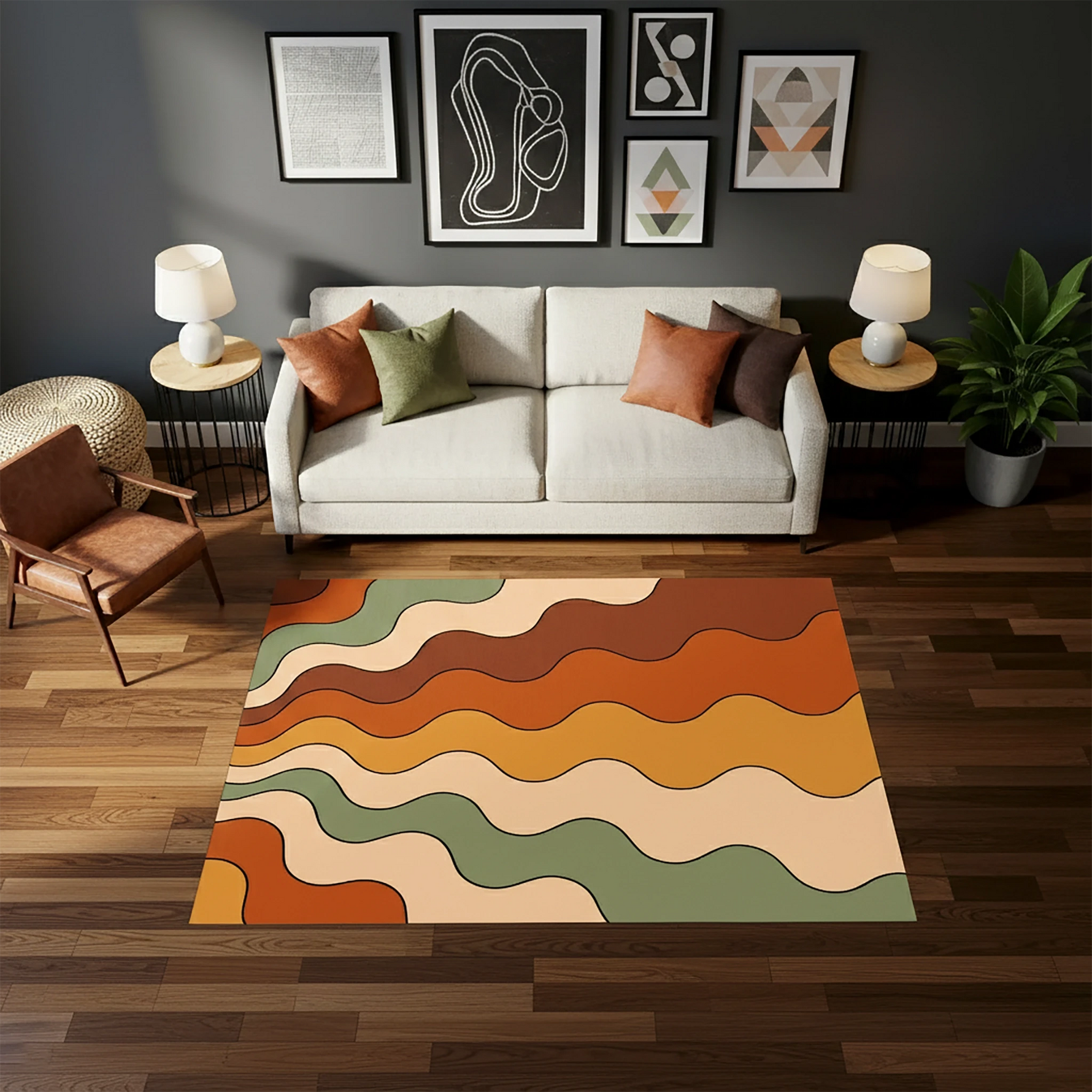 Retro Dalga Desenli Turuncu ve Kiremit Modern Salon Halısı