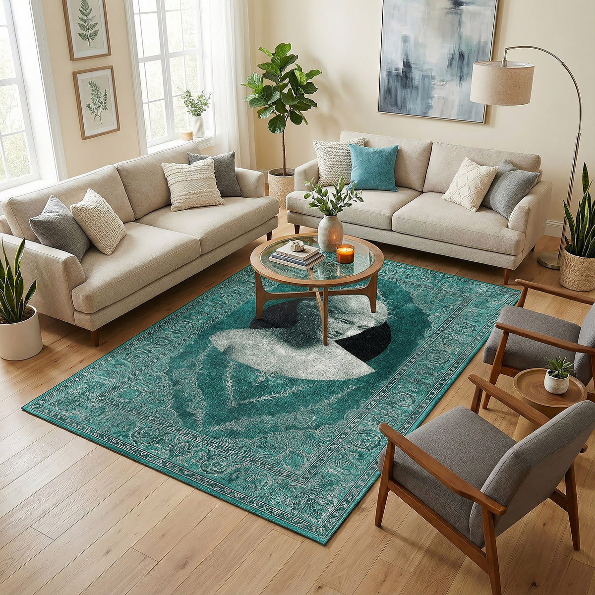 Klasik desenli turkuaz fon üzerinde yer alan vintage kadın büstü illüstrasyonu ile tasarlanan dijital baskı halı, yumuşak renk paleti ve simetrik bordür yapısıyla sofistike bir görünüm sunar. Baskı kalitesinin yüksekliği sayesinde portre dokusu, kontur çizgileri ve zemin detayları keskin ve homojen şekilde algılanır. Salon, ofis, galeri ve konsept mekanlar için ideal olan bu halı, sanatsal duruşuyla FabricUp markasının seçkin tasarımlarındandır.
