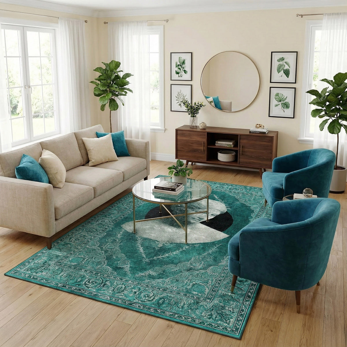 Merkezinde klasik dönem kadın portresi bulunan, etrafı ince oryantal motiflerle çevrili turkuaz tonlu dijital baskı halı, zamansız bir sanat estetiği yansıtır. Yüksek çözünürlüklü üretim tekniği sayesinde yüz ifadeleri, doku geçişleri ve bordür desenleri net biçimde görünür.
