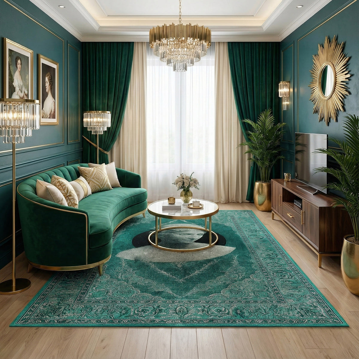 Turkuaz ve açık yeşil tonların hakim olduğu, merkezde dairesel çerçeve içinde klasik kadın portresi yer alan dijital baskı halı, sanatsal ve dekoratif bir kompozisyon sunar. Dijital baskı kalitesi sayesinde desen bütünlüğü korunur, renk geçişleri yumuşak ve yüzey dokusu net görünür. Salon, ofis, butik ve galeri tarzı alanlarda tercih edilebilecek bu özgün tasarım, estetik ve kaliteyi bir araya getiren FabricUp imzalı bir halıdır.
