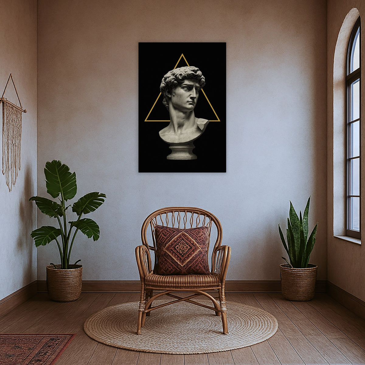Çerçevesiz modern kanvas tablo, heykel büstü illüstrasyonu ve sade geometrik tasarım detaylarıyla tasarlanmış zamansız bir duvar dekoru modelidir. FabricUp dijital baskı ile üretilen yüksek çözünürlüklü yüzey, dayanıklı, net ve estetik görünüm sunarak modern mekânlara karakter kazandırır.