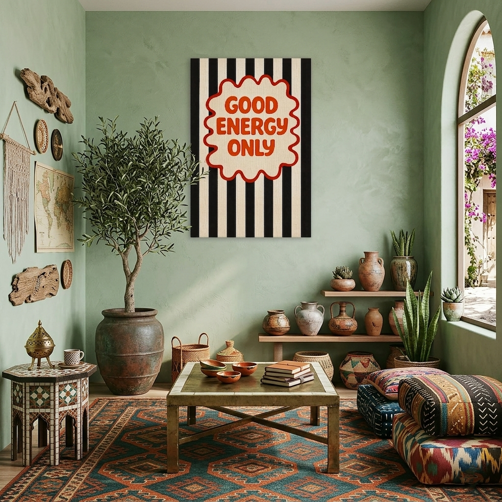 Good Energy Only Groovy Tipografi Kanvas Tablo - Enerjinizi Yükselten Dekorasyon