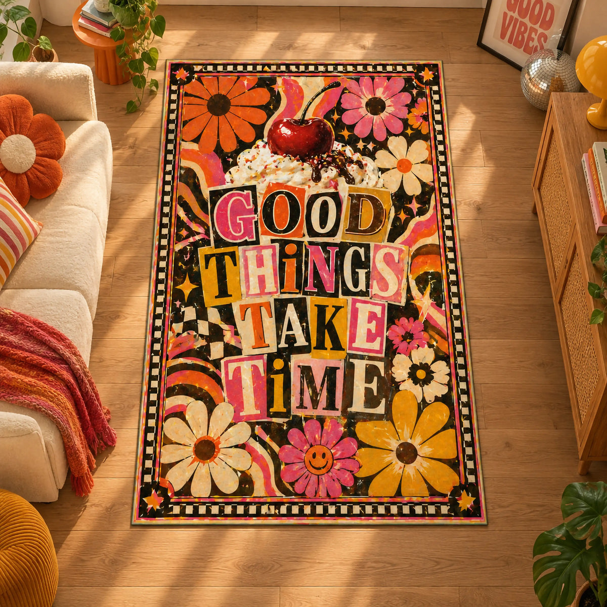 good-things-take-time-retro-yazili-hali-pop-art-kirazli-papatyali