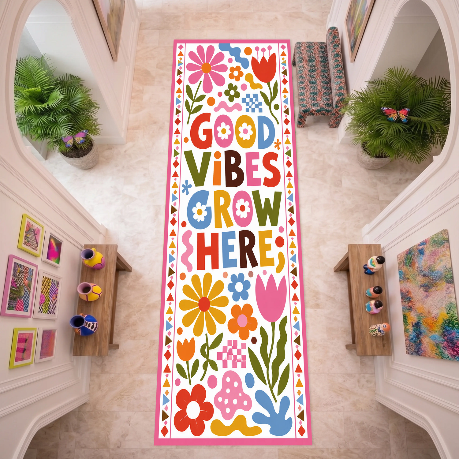 Good Vibes Grow Here Çiçekli Koridor Halısı - Retro Çiçekli Halı