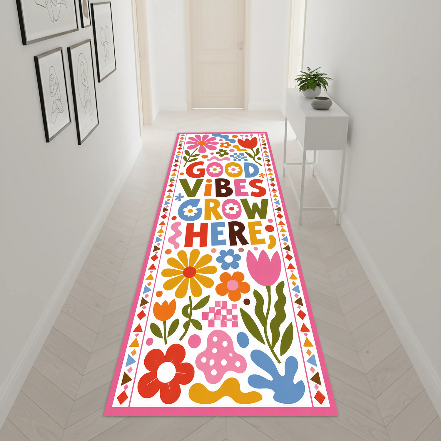 Good Vibes Grow Here Çiçekli Koridor Halısı - Retro Çiçekli Halı