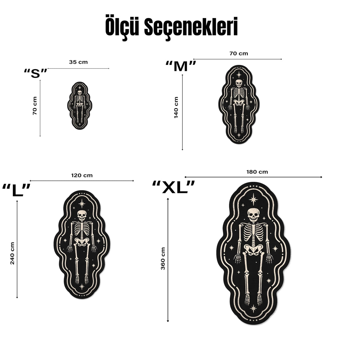 Dalgalı konturlu çerçeve içinde yer alan iskelet ve kozmik sembollerle tasarlanmış bu halı, gothic illustration, mystical theme, occult symbolism, alternative art ve modern grafik estetiğini bir araya getiren özgün bir parçadır.
