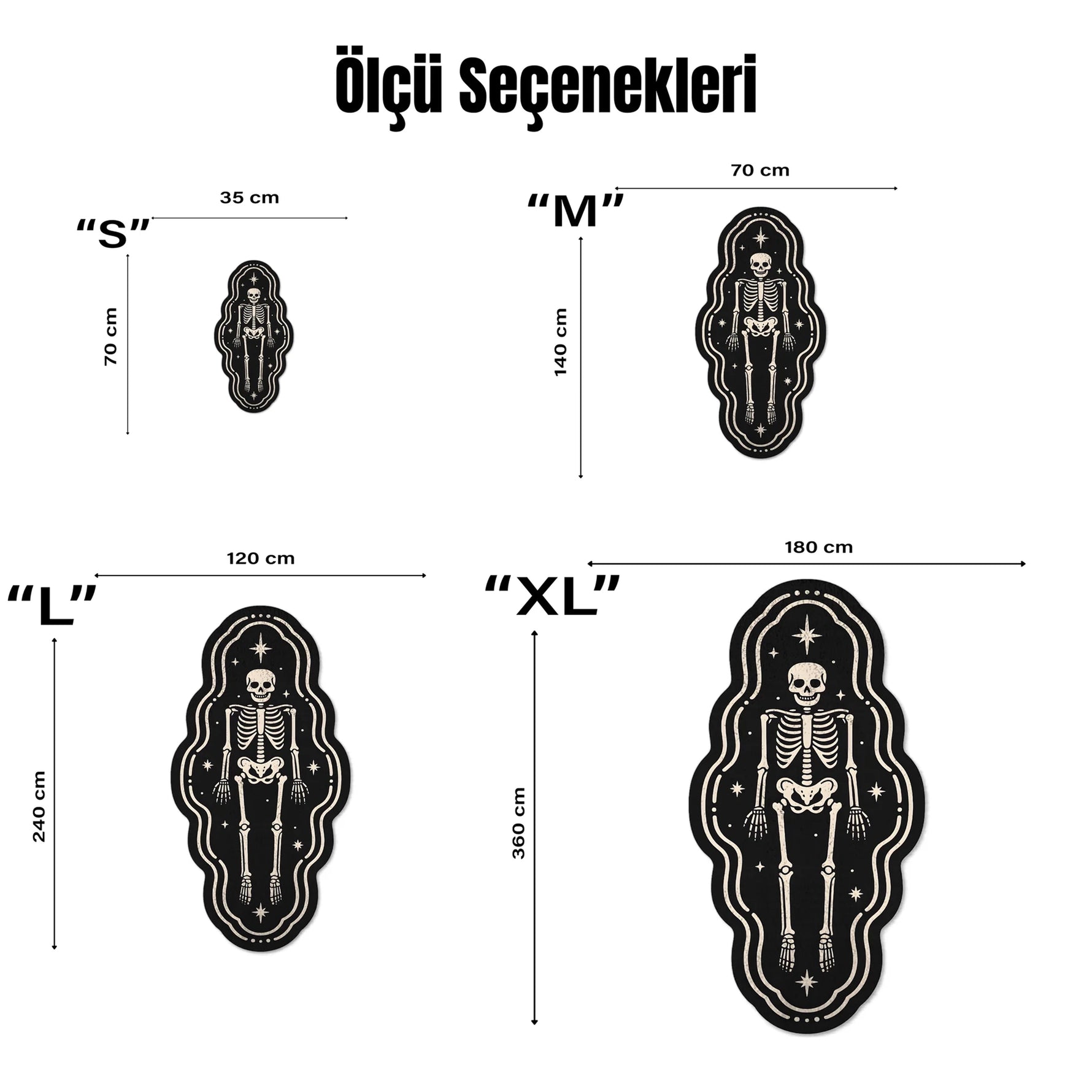 Dalgalı konturlu çerçeve içinde yer alan iskelet ve kozmik sembollerle tasarlanmış bu halı, gothic illustration, mystical theme, occult symbolism, alternative art ve modern grafik estetiğini bir araya getiren özgün bir parçadır.
