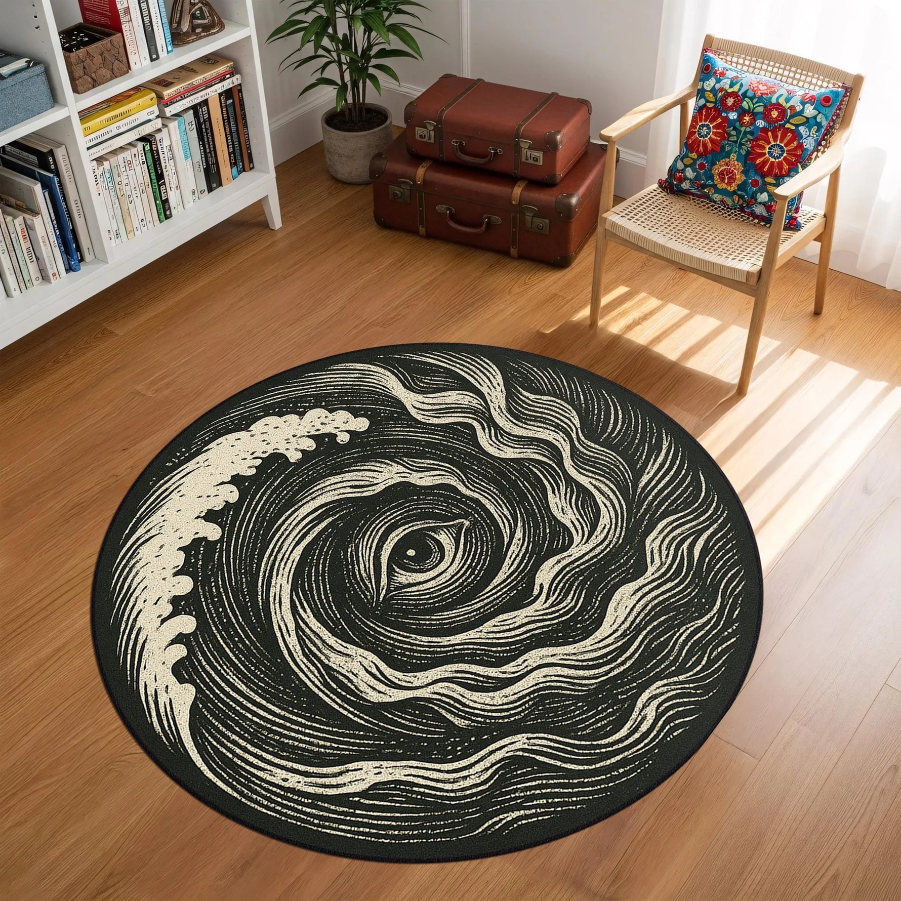 Siyah zemin üzerinde spiral formda dalga desenleri ve merkezde göz motifiyle tasarlanmış yuvarlak dijital baskı halı, kontrastlı renk yapısı ve akıcı çizgileriyle güçlü bir sanatsal etki sunar. Yüksek çözünürlüklü baskı sayesinde çizgi dokuları, spiral geçişler ve merkez detayları net, homojen ve derinlikli görünür. Salon, okuma köşesi, çalışma odası ve butik alanlarda kullanılabilecek bu özgün tasarım, modern grafik estetiğiyle FabricUp koleksiyonunun dikkat çeken yuvarlak halılarındandır.
