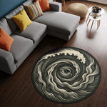 Spiral dalga hareketi ve merkezde konumlanan göz figürüyle oluşturulmuş siyah zeminli yuvarlak dijital baskı halı, soyut ve mistik bir atmosfer yansıtan güçlü bir grafik kompozisyon sunar. Yüksek çözünürlüklü üretim sayesinde çizgi geçişleri akıcı, desen sınırları net ve renk dağılımı homojen görünür. Salon, çalışma alanı, meditasyon köşesi ve konsept mekanlarda tercih edilebilecek bu özgün tasarım, FabricUp koleksiyonunun sanatsal halılarındandır.
