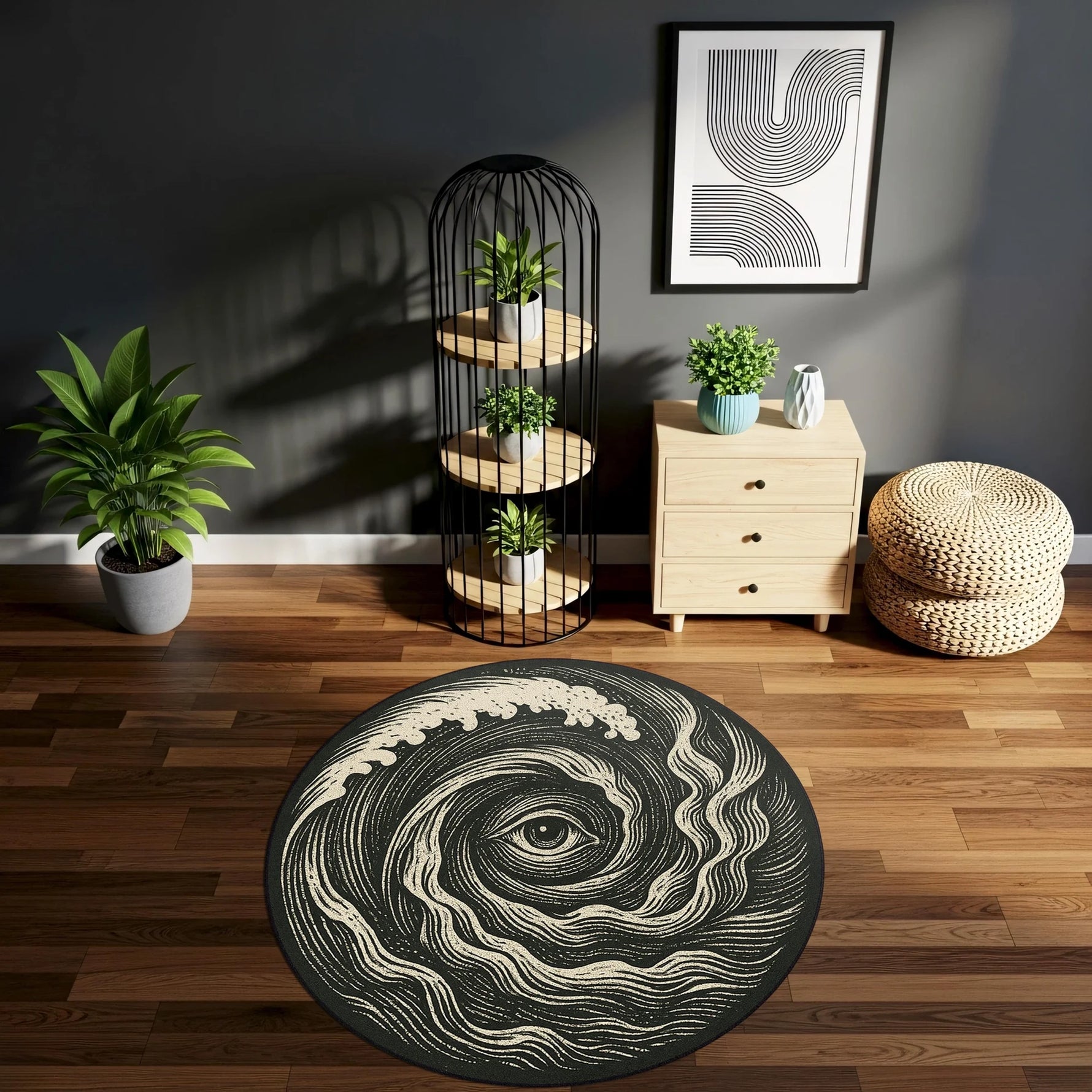Krem renkli spiral ve dalga çizgileriyle çevrelenen merkez göz motifi, siyah fon üzerinde derinlik hissi yaratan yuvarlak dijital baskı halıda güçlü bir odak noktası oluşturur. Dijital baskı teknolojisi sayesinde çizgiler keskin, kontrast dengesi yüksek ve yüzey dokusu net görünür. Salon, ofis, okuma alanı ve modern yaşam alanlarında kullanılabilecek bu tasarım, grafik sanat estetiğini yansıtan FabricUp koleksiyonuna aittir.

