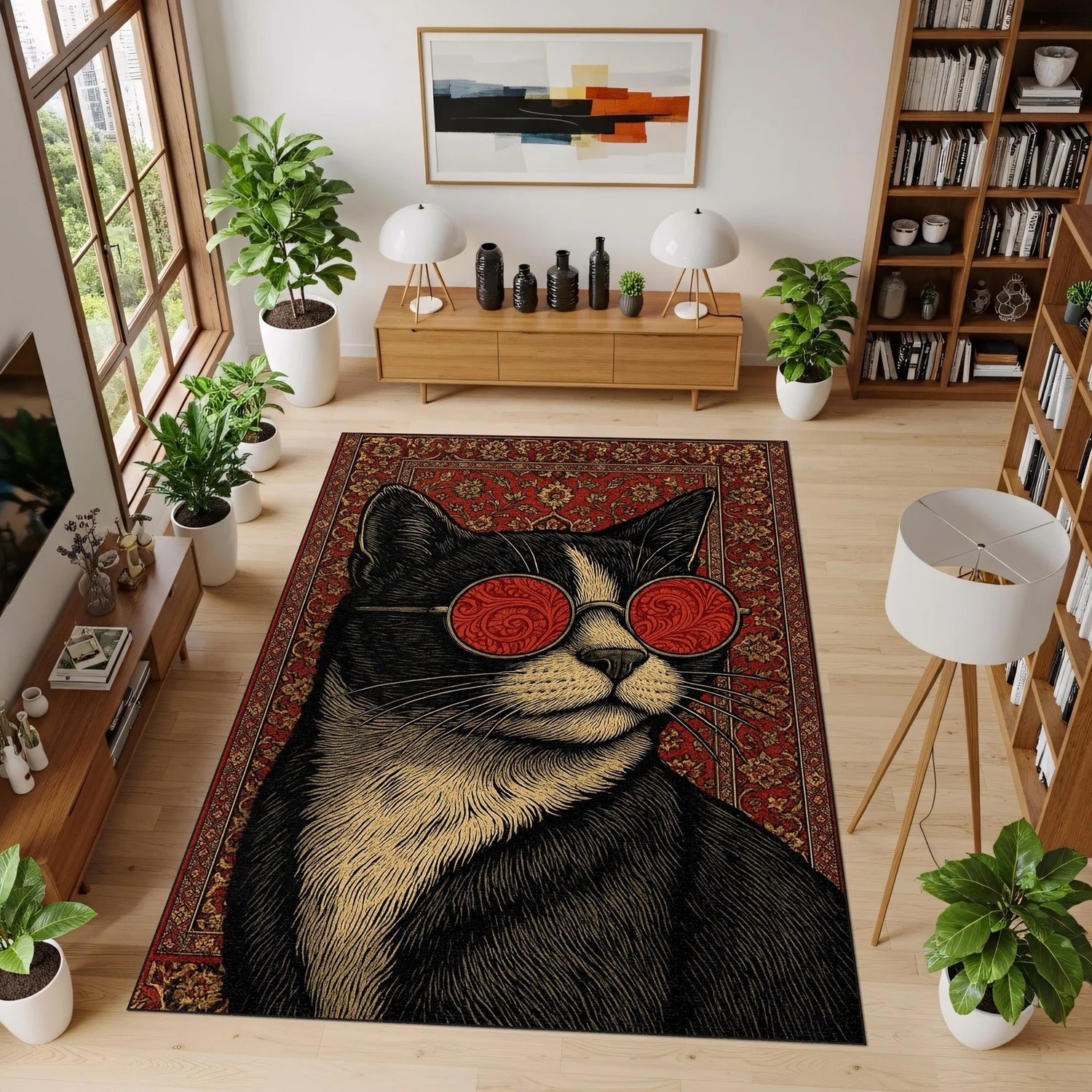 Kırmızı fonlu klasik motiflerle çevrili, ortasında büyük boy kedi portresi ve yuvarlak gözlük detayı bulunan dijital baskı halı, retro ve modern çizgiyi aynı yüzeyde buluşturur. Baskı kalitesinin yüksekliği sayesinde yüz ifadesi, bıyık dokuları ve desen geçişleri son derece net algılanır. Genç odası, ofis, stüdyo ve tematik yaşam alanlarında güçlü bir görsel odak oluşturan bu halı, karakterli tasarımıyla FabricUp markasının dikkat çeken koleksiyon parçalarındandır.
