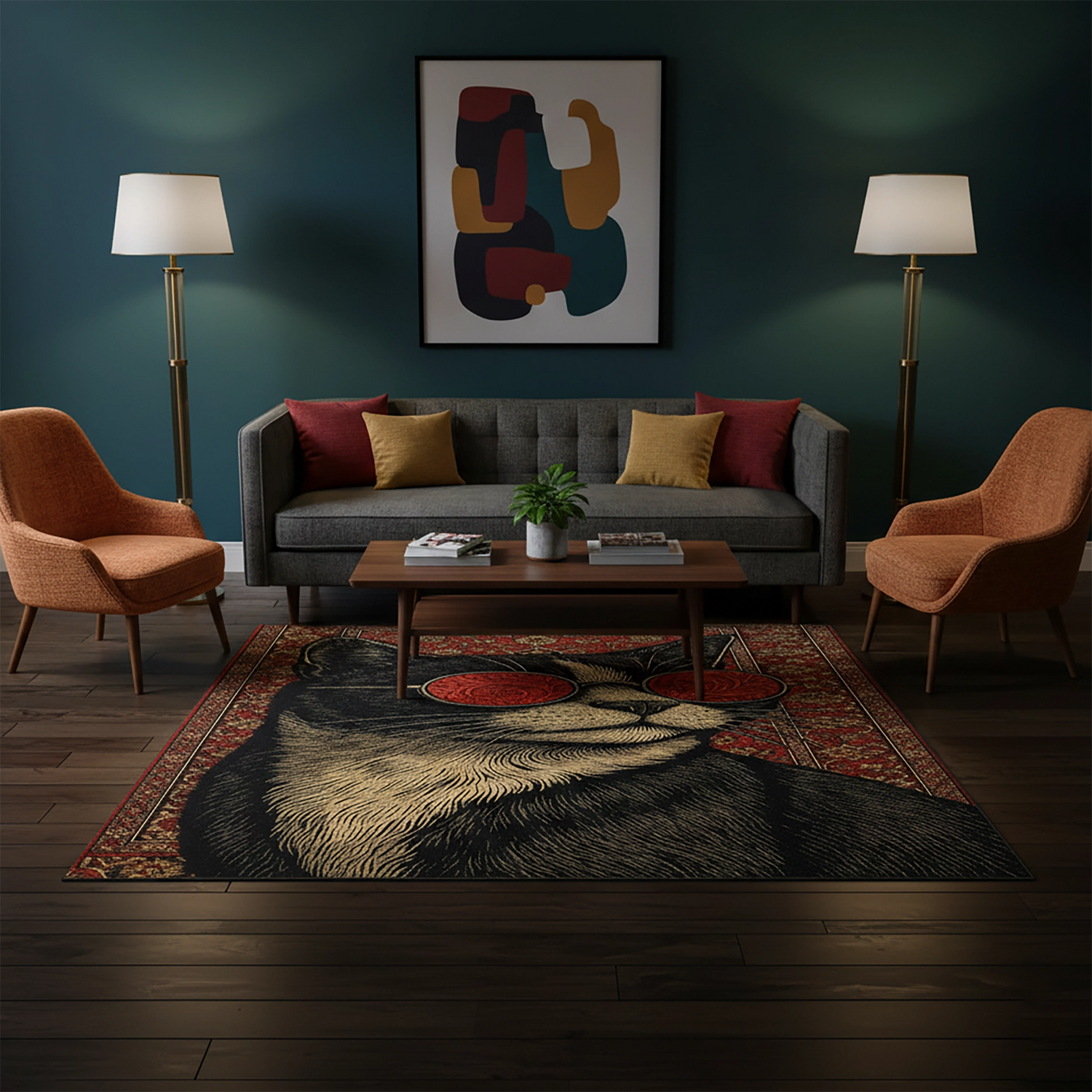 Kırmızı Gözlüklü Kedi Figürlü Etnik Halı | Oriental Pop-Art Tasarım Modern Salon Halısı