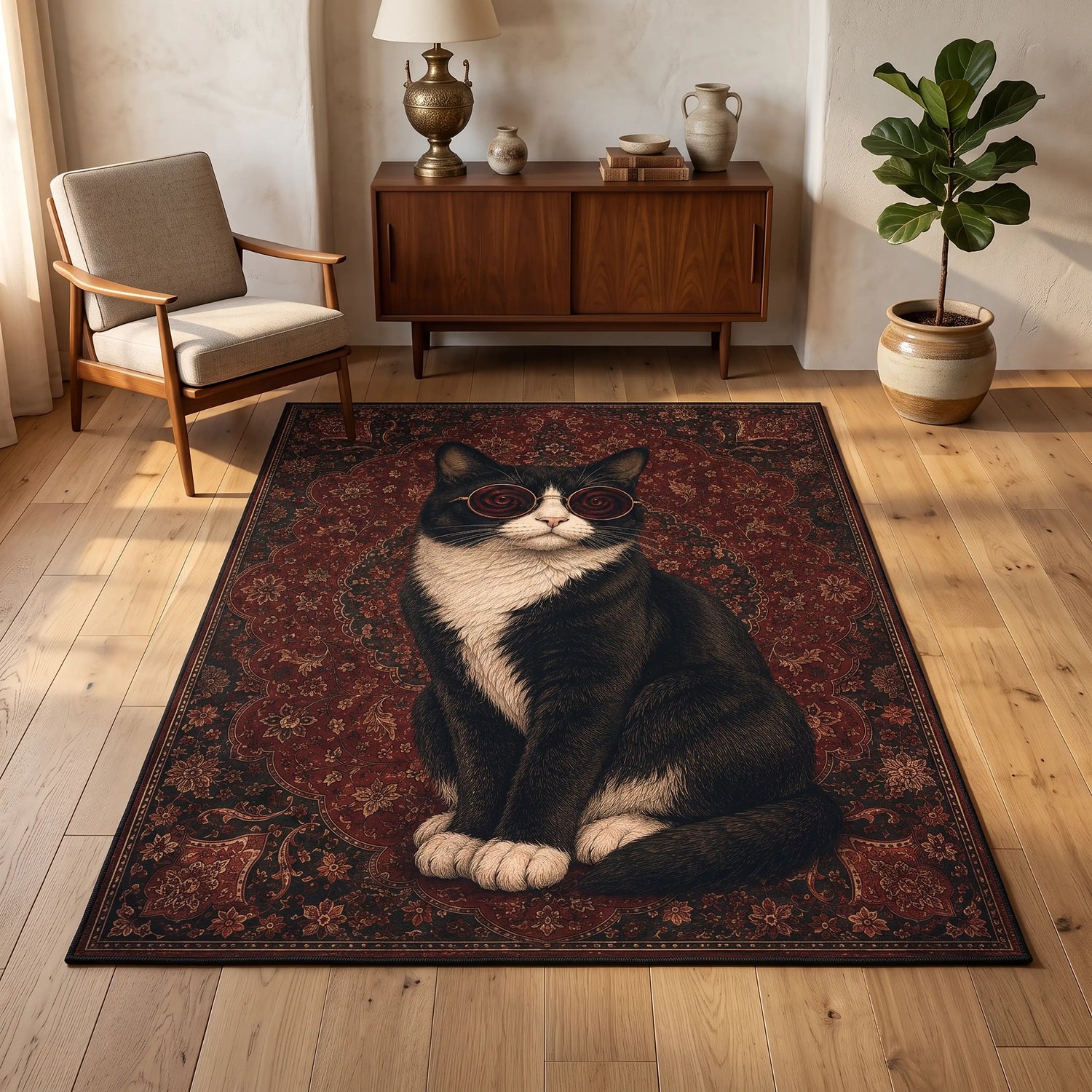 Gözlüklü Kedi Halı – Bordo Osmanlı Motifli Vintage Pop Art Desenli