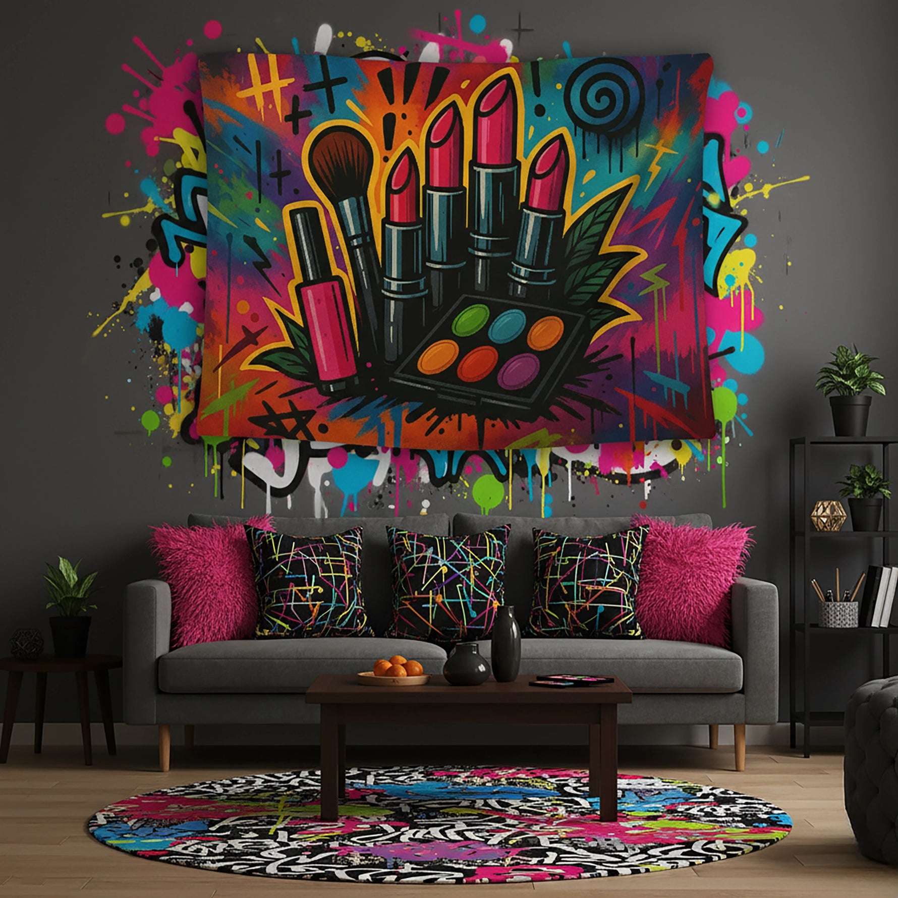 Parlak rujlar, makyaj fırçası, oje şişesi ve renkli far paleti figürleriyle tasarlanan duvar örtüsü, grafiti tarzı arka plan ve canlı boya sıçrama efektleriyle pop art ve street art estetiğini birleştirir; genç odası ve stüdyo için enerjik, modern ve eğlenceli bir tekstil tasarımıdır.