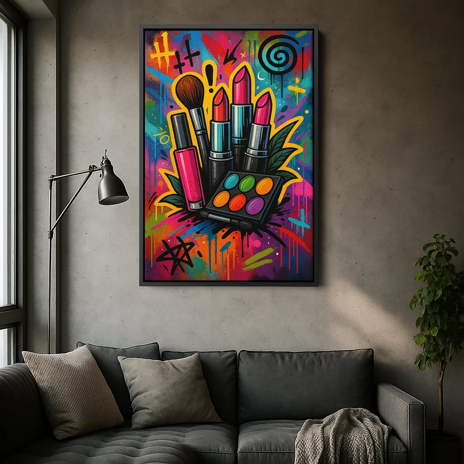 Çerçevesiz kanvas tablo, rujlar, makyaj fırçası ve renkli far paleti illüstrasyonuyla tasarlanmış canlı ve modern bir duvar dekoru sunar. Yüksek çözünürlüklü FabricUp dijital baskı kalitesi sayesinde estetik, premium ve trend dekorasyon için dikkat çekici bir sanat eseri oluşturur.