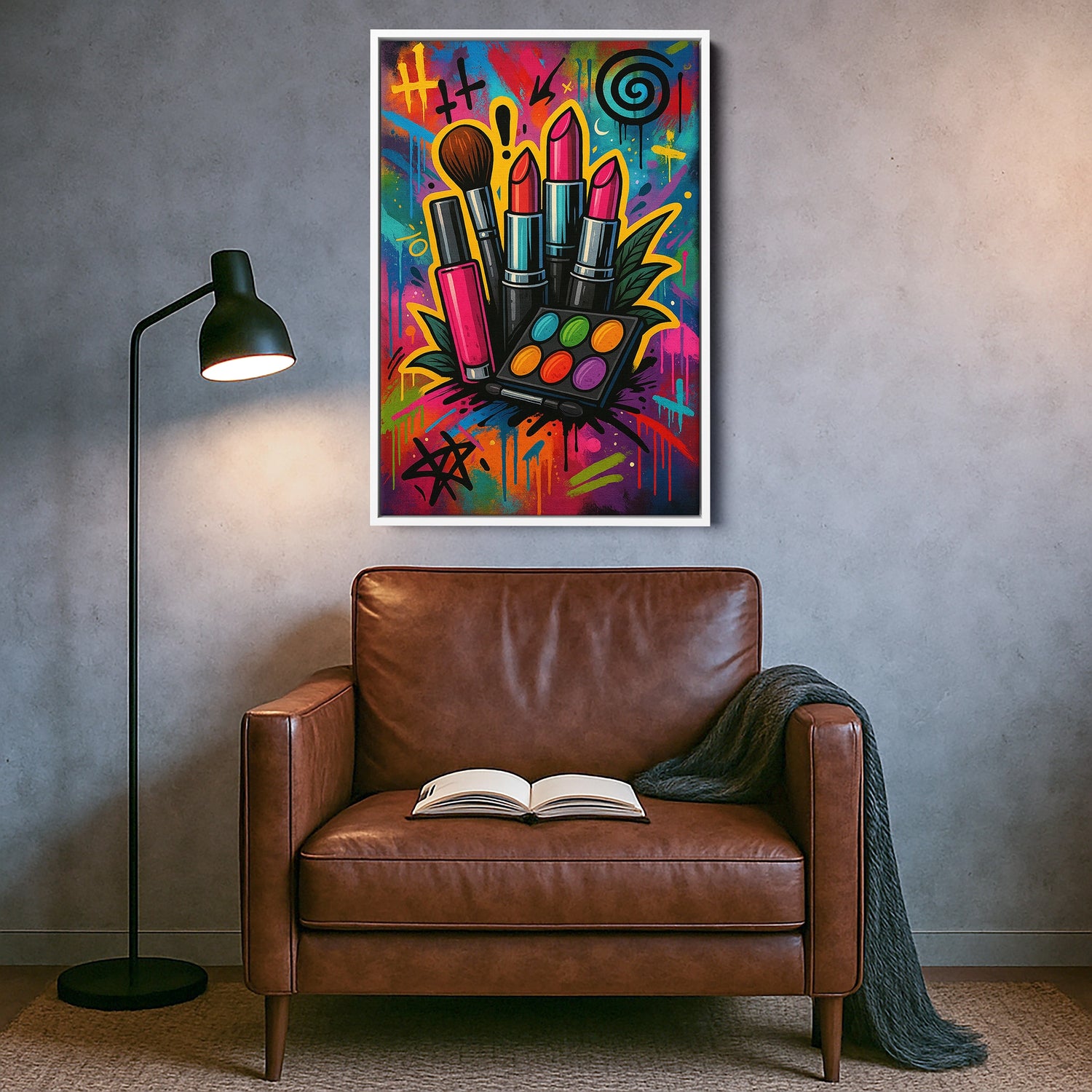 Beyaz çerçeveli kanvas tablo, renkli makyaj teması ve dengeli kompozisyonla ferah bir duvar dekoru etkisi yaratır. Yüksek çözünürlüklü kanvas baskı sunan FabricUp dijital baskı, dekoratif, estetik ve premium sanat ürünü kalitesiyle modern dekorasyonlara uyum sağlar.