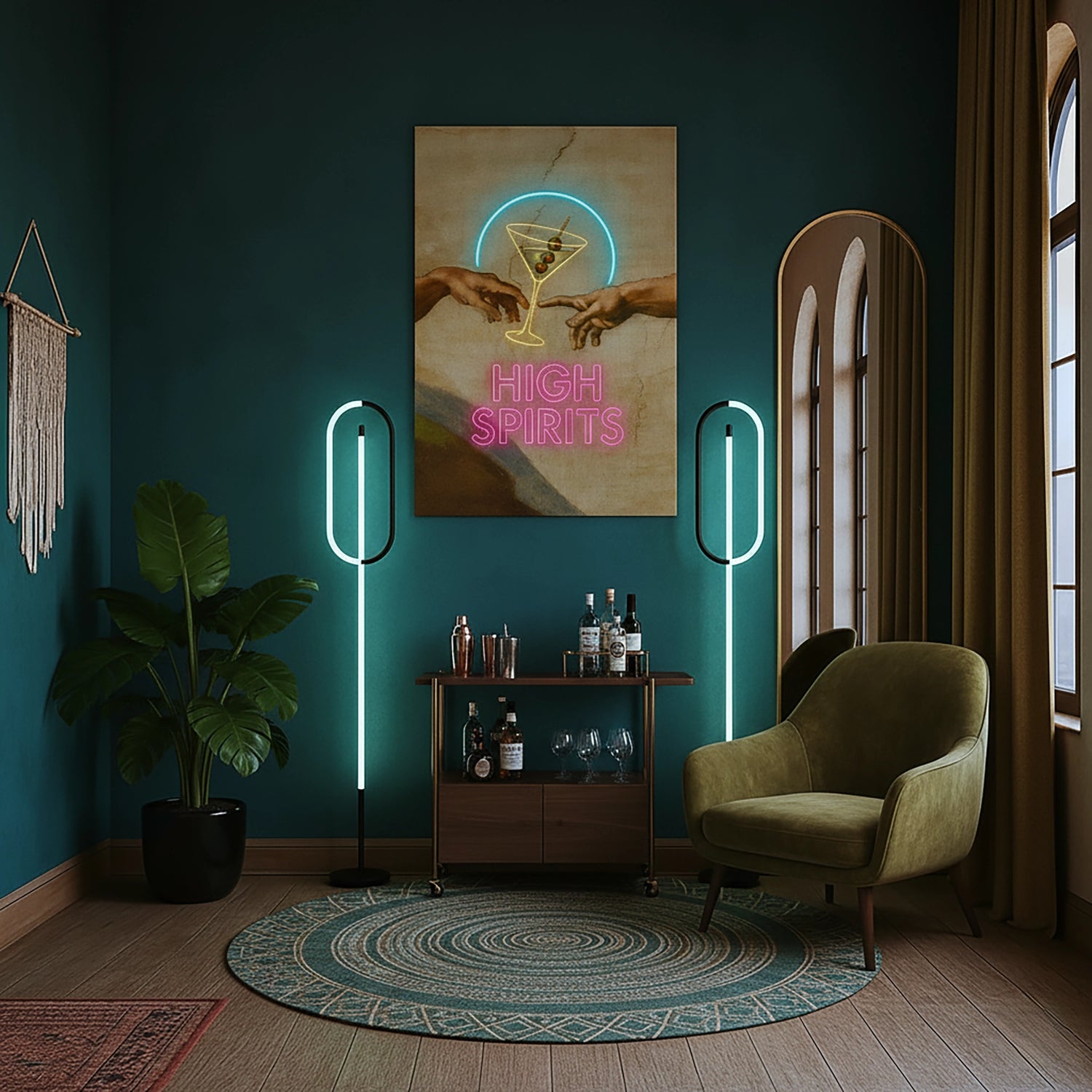 Çerçevesiz kanvas tablo, klasik sanat dokusu üzerinde neon martini bardağı ve HIGH SPIRITS tipografisiyle tasarlanmış eğlenceli ve modern duvar dekoru sunar. Yüksek çözünürlüklü baskı kalitesine sahip FabricUp dijital baskı, estetik ve premium dekorasyon için dikkat çekici bir sanat eseridir.