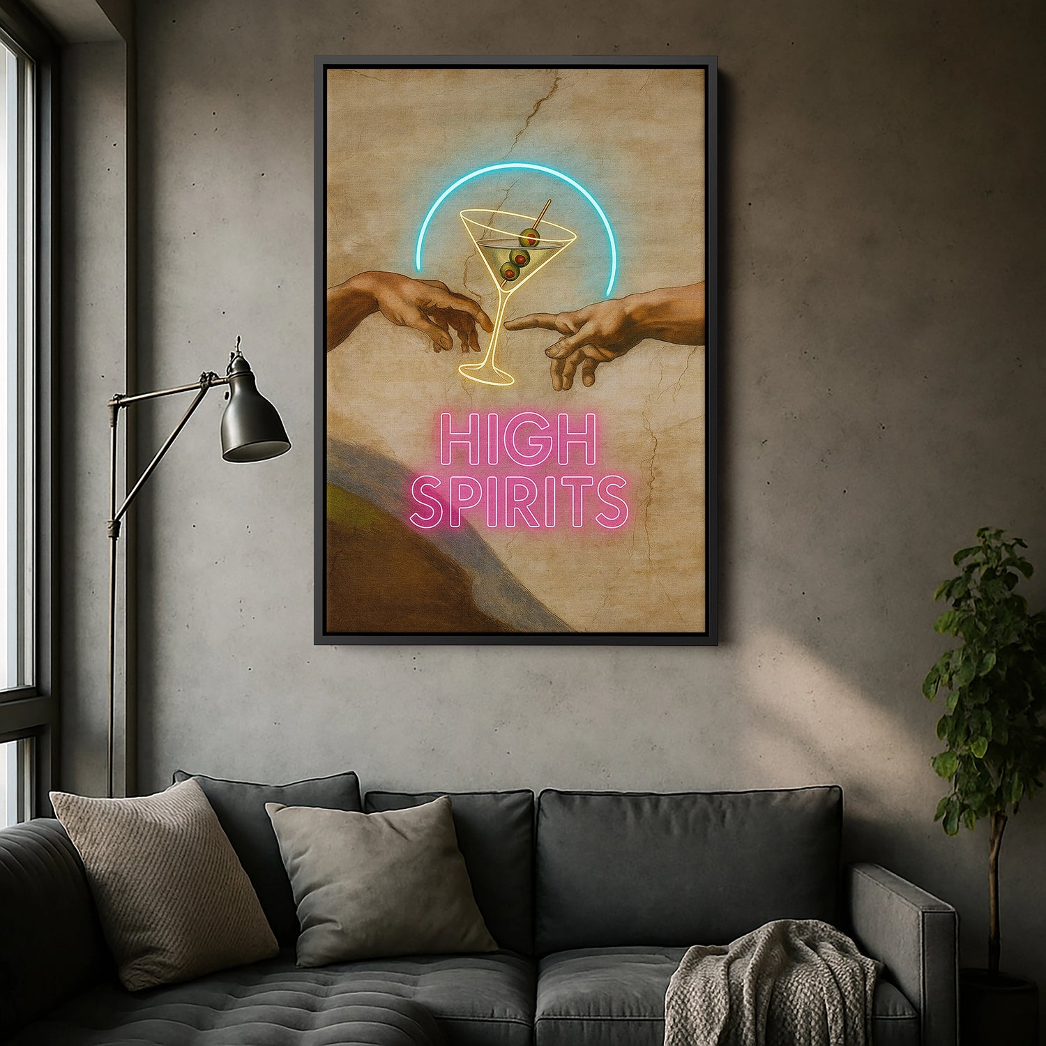Siyah çerçeveli kanvas tablo, koyu arka plan ve parlak neon içecek illüstrasyonuyla güçlü kontrast yaratan dekoratif duvar dekoru tasarımıdır. FabricUp dijital baskı teknolojisi sayesinde yüksek çözünürlüklü, net ve canlı renklerde modern kanvas tablo görünümü sağlar.
