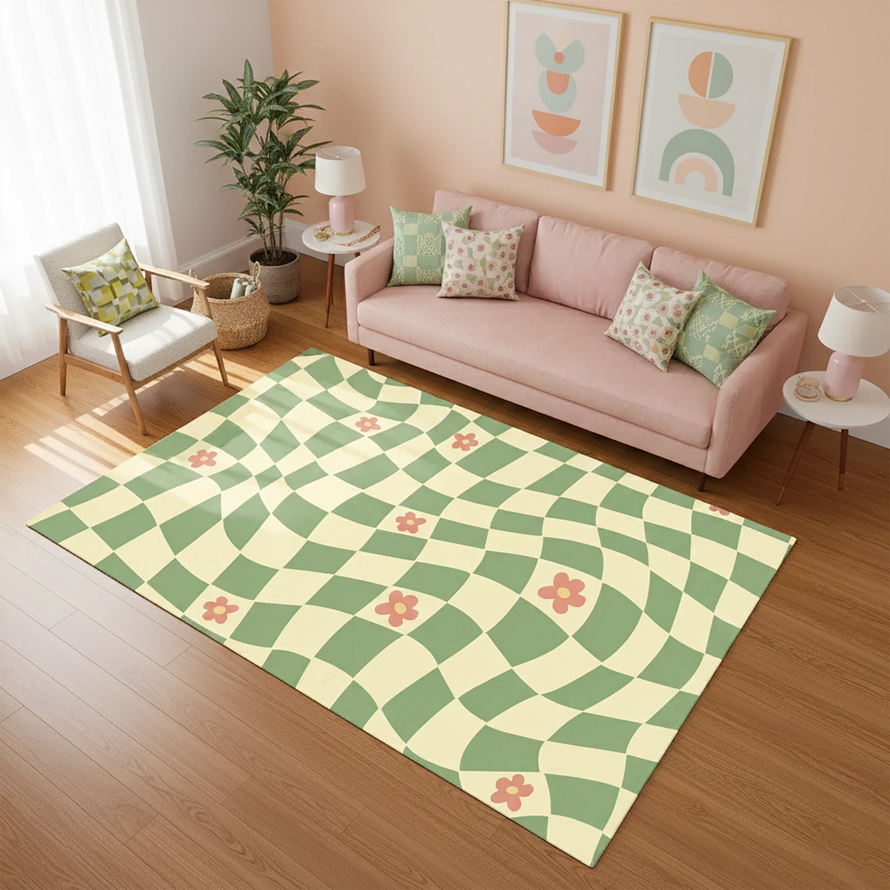 Yeşil ve Krem Groovy Dama Desenli Modern Salon Halısı