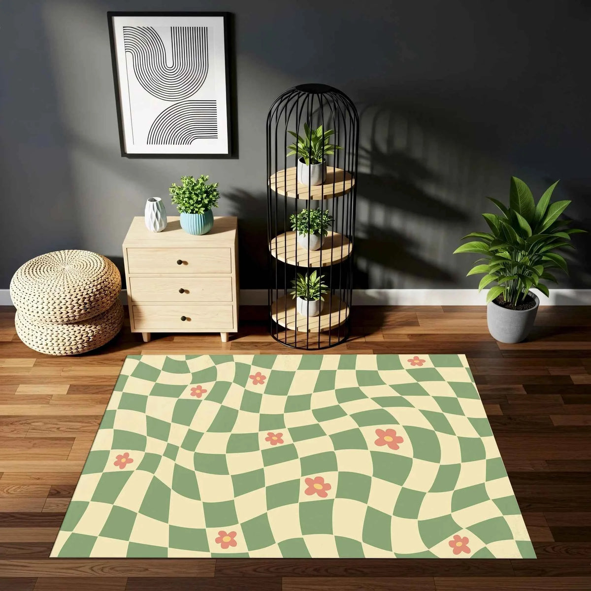 Yeşil ve Krem Groovy Dama Desenli Modern Salon Halısı