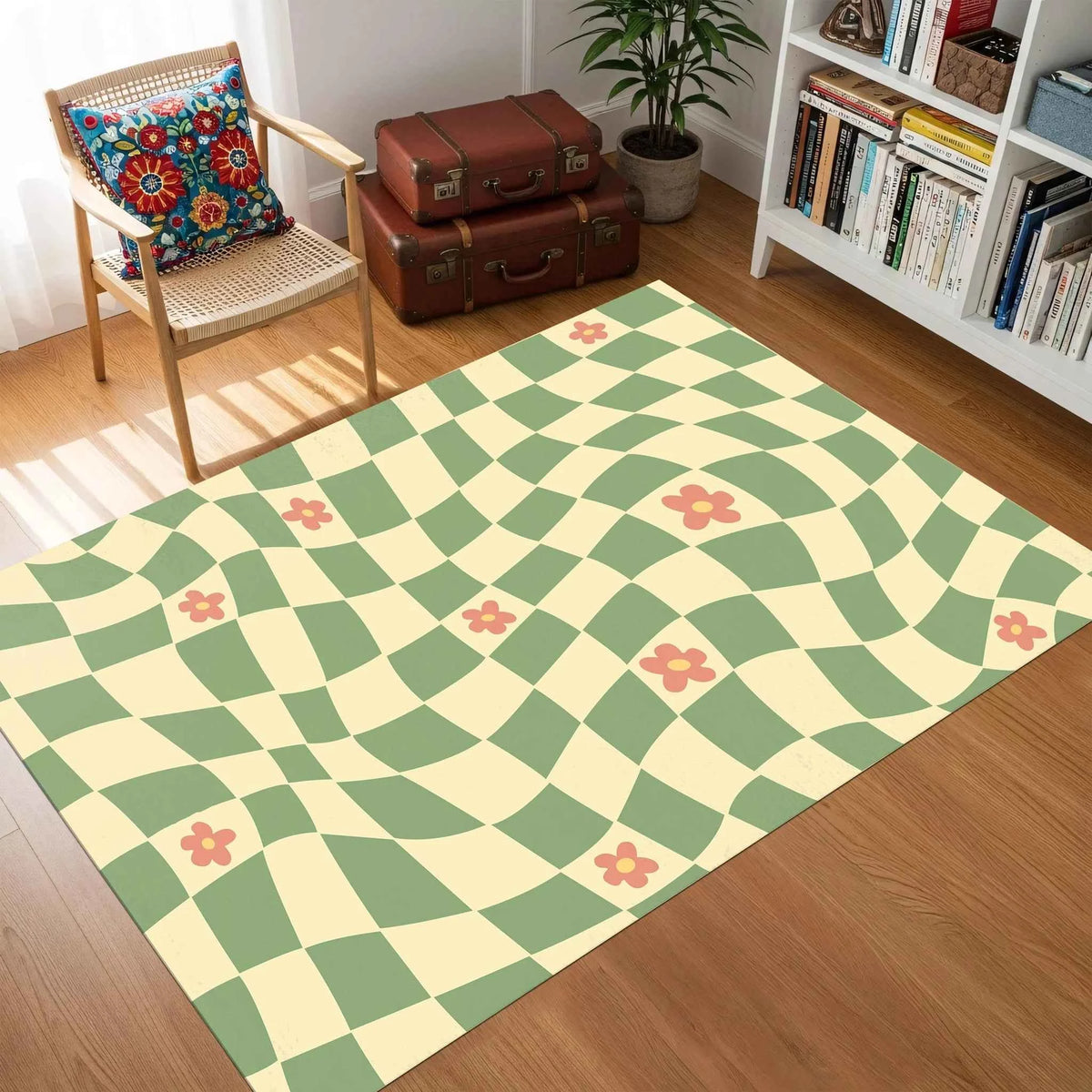 Yeşil ve Krem Groovy Dama Desenli Modern Salon Halısı
