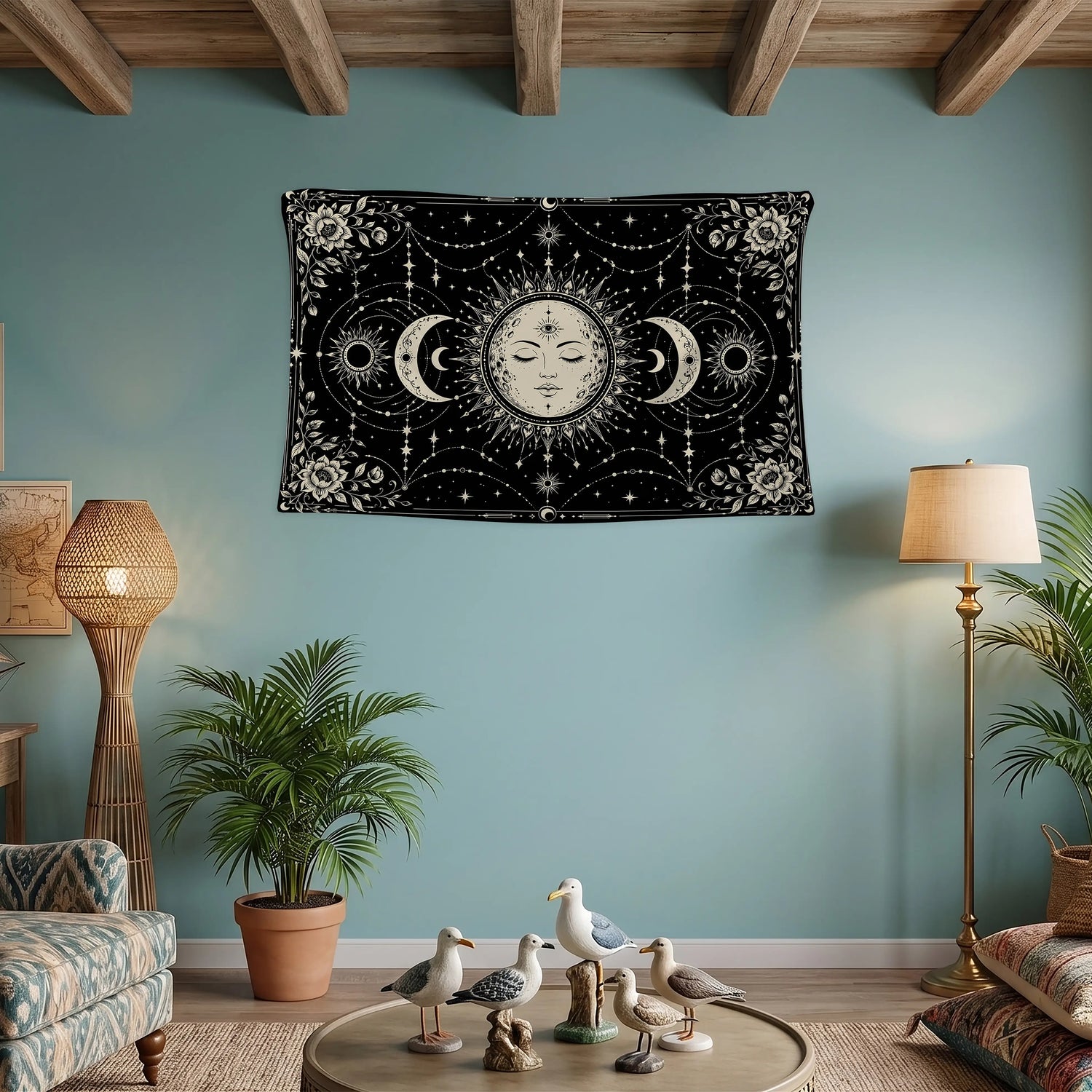 Güneş Ay Duvar Örtüsü - Hilal Evreli Celestial Yıldız Siyah Tasarım
