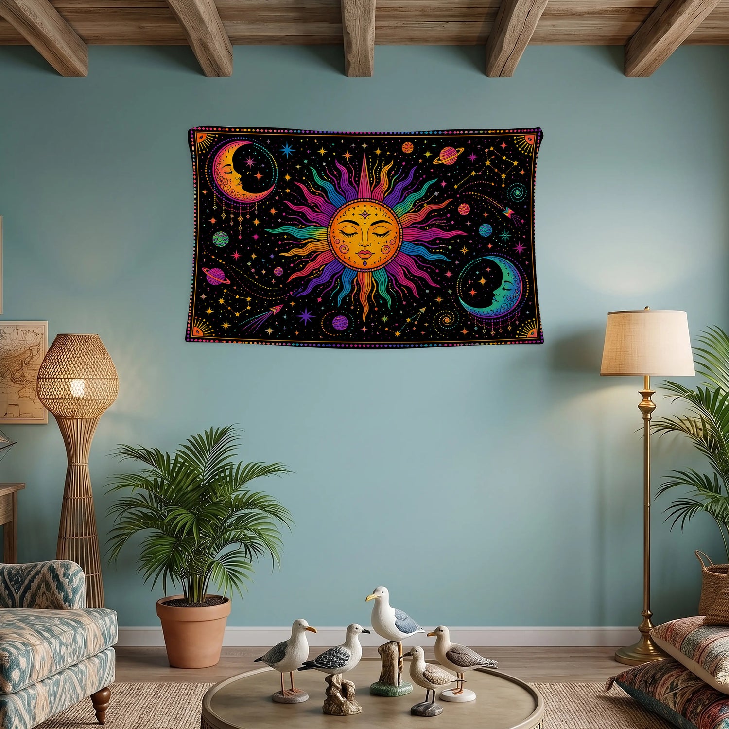 Güneş Ay Duvar Örtüsü - Neon Psychedelic Gökkuşağı Renkli Boho Celestial Tasarım