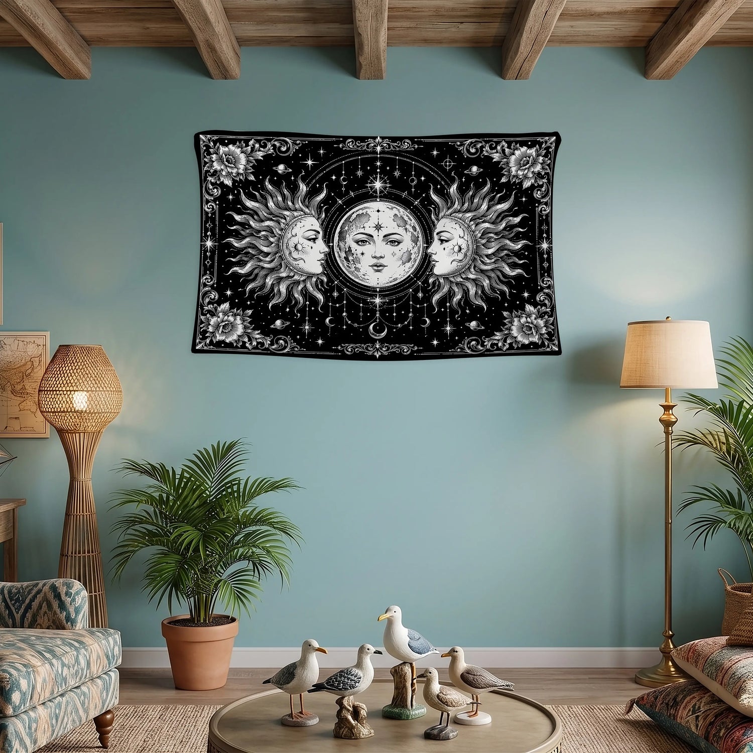 Güneş Ay Duvar Örtüsü - Üç Yüzlü Barok Çerçeveli Celestial Siyah Tasarım