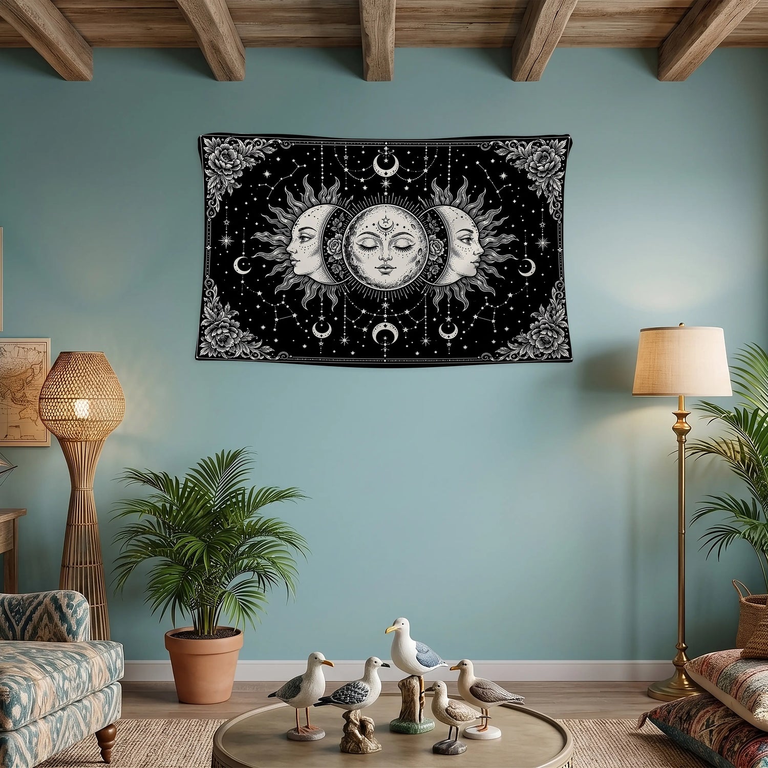 Güneş Ay Duvar Örtüsü - Üç Yüzlü Celestial Mistik Siyah Tasarım
