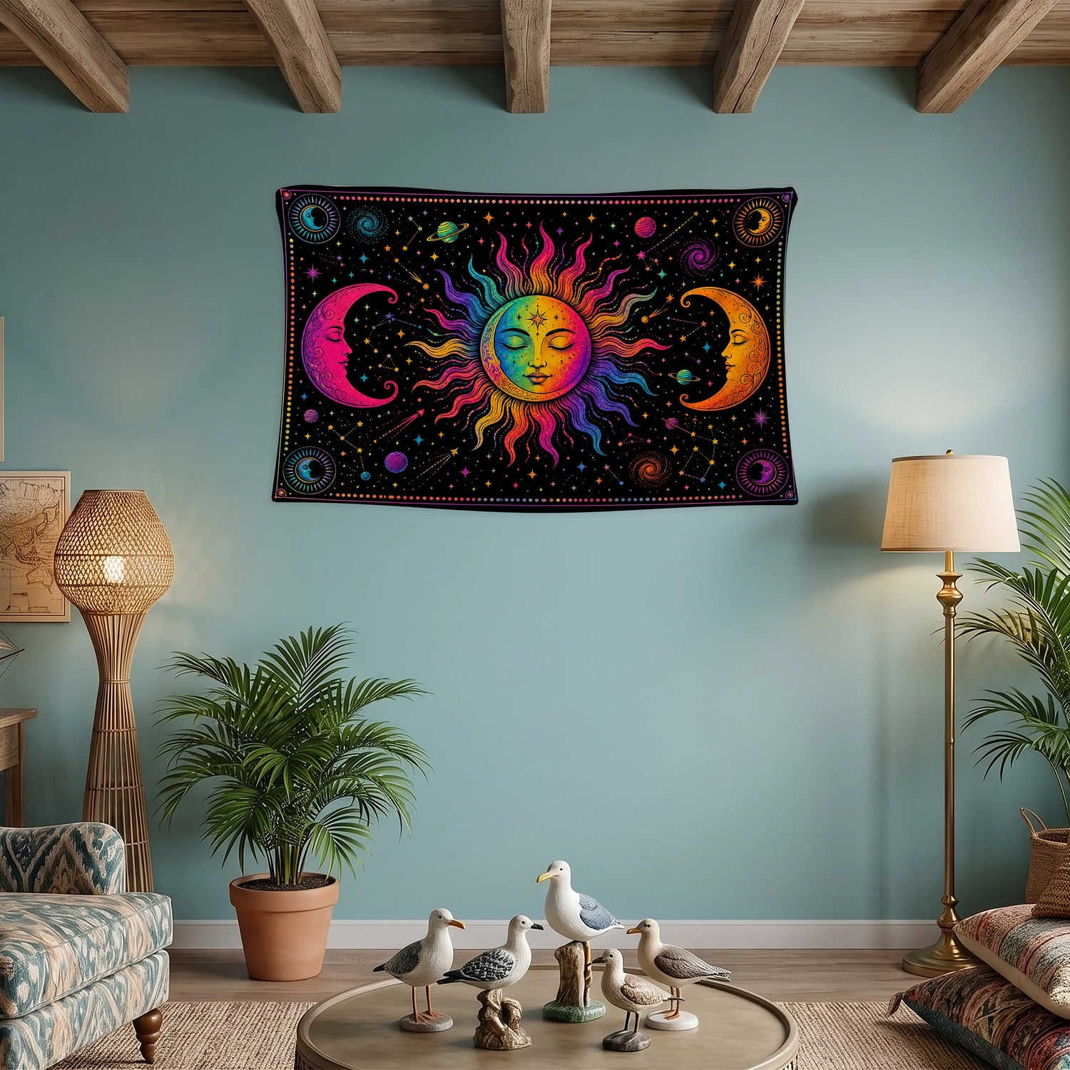 Güneş Ay Duvar Örtüsü - Üçlü Yüzlü Neon Gezegen Galaksi Boho Celestial Tasarım