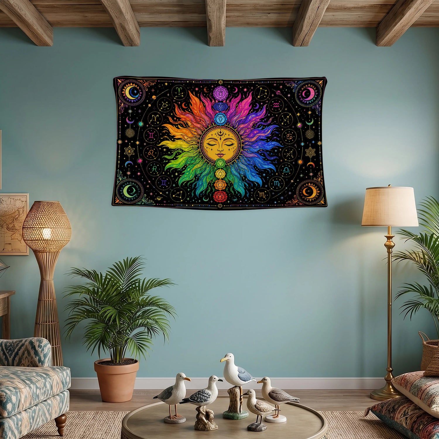 Güneş Duvar Örtüsü - 7 Çakra Burcu Zodyak Renkli Spirituél Boho Tasarım