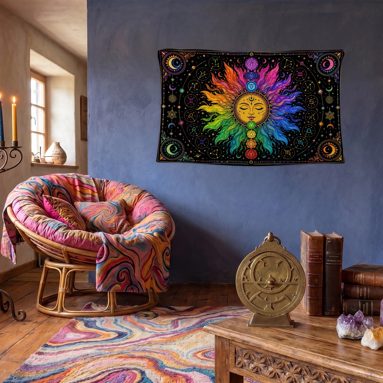 Güneş Duvar Örtüsü - 7 Çakra Burcu Zodyak Renkli Spirituél Boho Tasarım